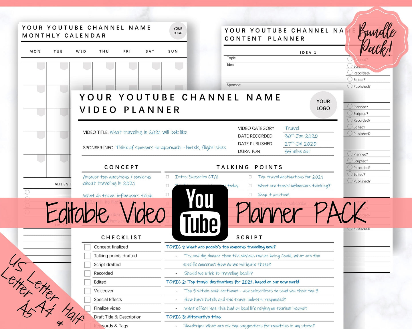 Youtube Planner, Video Planner, Social Media Content Calendar, EDITABLE BUNDLE, Printable Vlog Checklist, You Tube Template, Script, Tracker